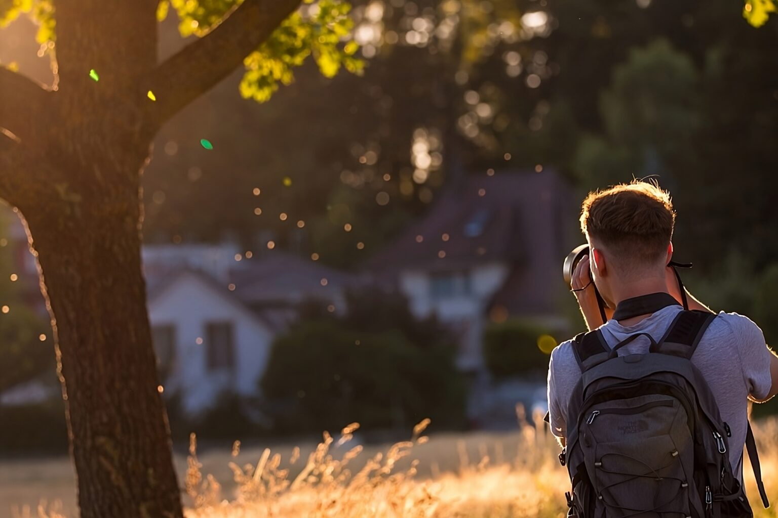 Photographer shooting homes in warm evening light