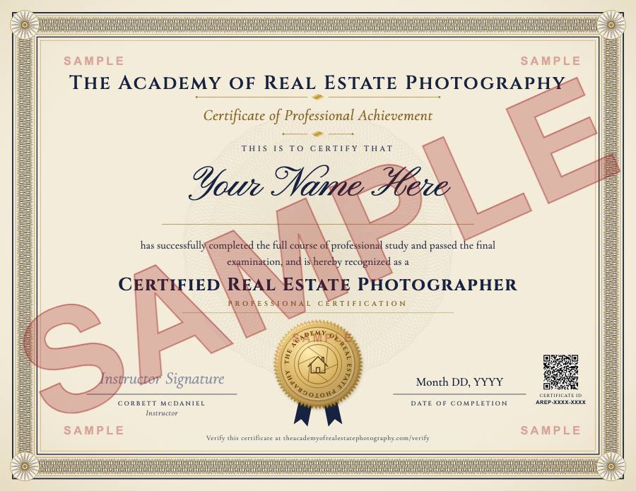 Sample Certified Real Estate Photographer certificate marked SAMPLE, with Your Name Here
